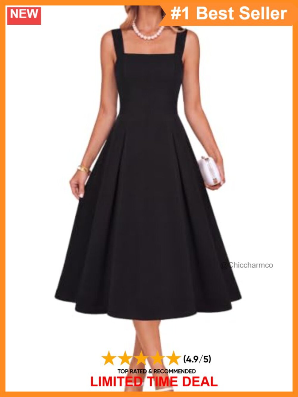 Fit & Flare Midi Dress Square Neck Adjustable Straps Pockets